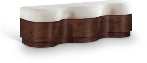Meridian Furniture Savoy Art Deco Sculptural Bench in Plush Velour Fur with Walnut Wood Base 22082Cream