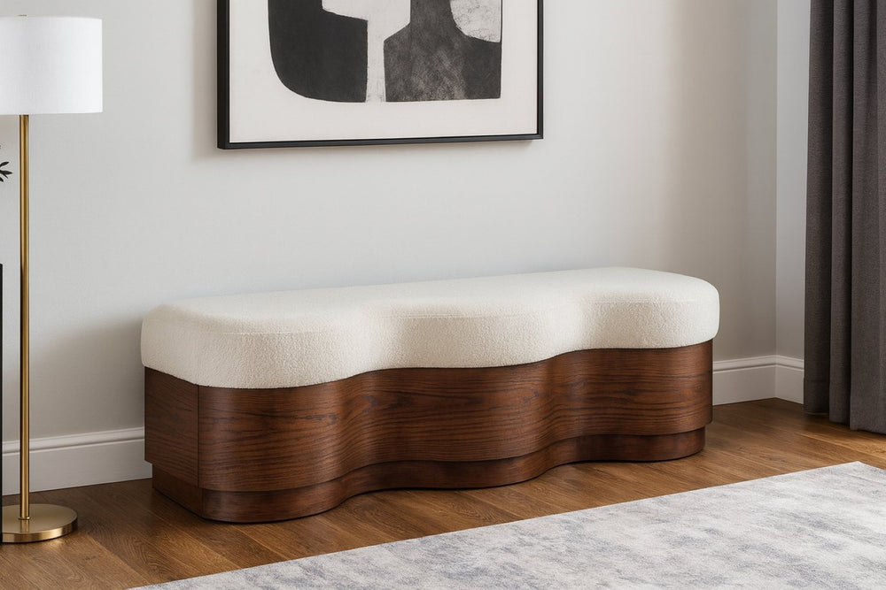 Meridian Furniture Savoy Art Deco Sculptural Bench in Plush Velour Fur with Walnut Wood Base 22082Cream