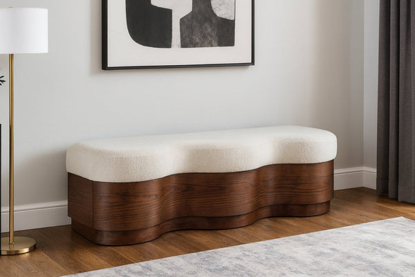 Meridian Furniture Savoy Art Deco Sculptural Bench in Plush Velour Fur with Walnut Wood Base 22082Cream