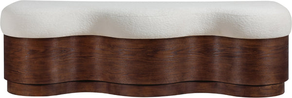 Meridian Furniture Savoy Art Deco Sculptural Bench in Plush Velour Fur with Walnut Wood Base 22082Cream