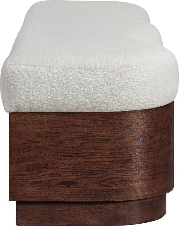 Meridian Furniture Savoy Art Deco Sculptural Bench in Plush Velour Fur with Walnut Wood Base 22082Cream