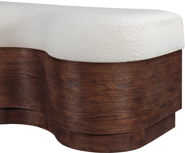 Meridian Furniture Savoy Art Deco Sculptural Bench in Plush Velour Fur with Walnut Wood Base 22082Cream