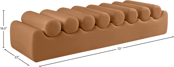 Meridian Furniture Rumble Vegan Leather Upholstered Bench with Bolster Pillows for Bedroom or Entryway Cognac 72 inches 22084Cognac