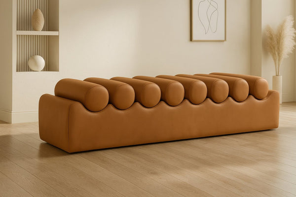 Meridian Furniture Rumble Vegan Leather Upholstered Bench with Bolster Pillows for Bedroom or Entryway Cognac 72 inches 22084Cognac