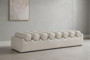 Meridian Furniture Rumble Vegan Leather Upholstered Bench with Bolster Pillows for Bedroom or Entryway Cream 72 inches 22084Cream