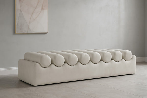 Meridian Furniture Rumble Vegan Leather Upholstered Bench with Bolster Pillows for Bedroom or Entryway Cream 72 inches 22084Cream