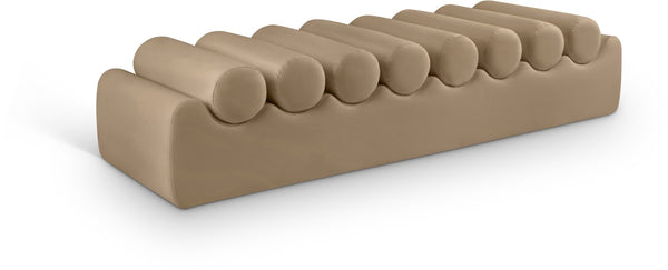 Meridian Furniture Rumble Vegan Leather Upholstered Bench with Bolster Pillows for Bedroom or Entryway Tan 72 inches 22084Tan
