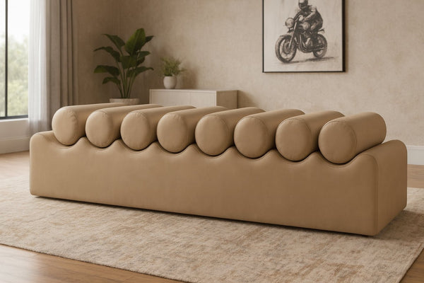 Meridian Furniture Rumble Vegan Leather Upholstered Bench with Bolster Pillows for Bedroom or Entryway Tan 72 inches 22084Tan