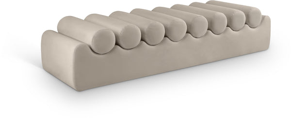 Meridian Furniture Rumble Vegan Leather Upholstered Bench with Bolster Pillows for Bedroom or Entryway Taupe 72 inches 22084Taupe