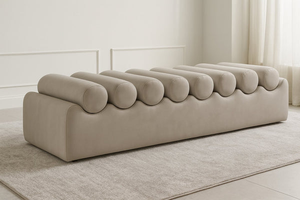 Meridian Furniture Rumble Vegan Leather Upholstered Bench with Bolster Pillows for Bedroom or Entryway Taupe 72 inches 22084Taupe
