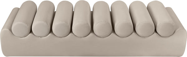 Meridian Furniture Rumble Vegan Leather Upholstered Bench with Bolster Pillows for Bedroom or Entryway Taupe 72 inches 22084Taupe