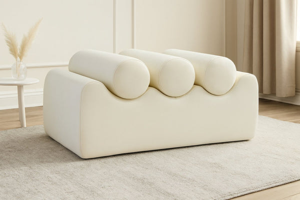 Meridian Furniture Rumble Vegan Leather Upholstered Bench with Bolster Pillows for Bedroom or Entryway Cream 32 inches 22085Cream