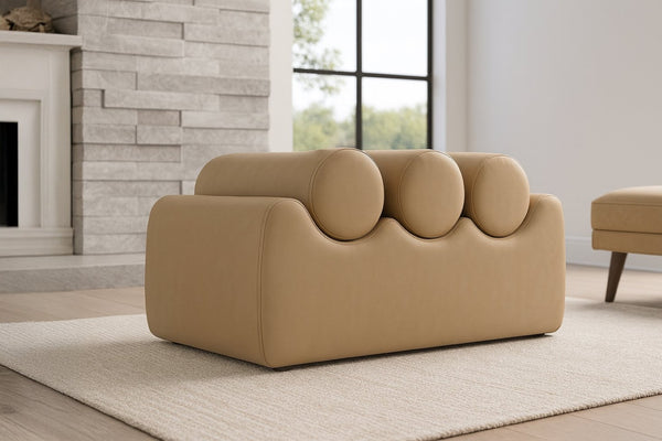 Meridian Furniture Rumble Vegan Leather Upholstered Bench with Bolster Pillows for Bedroom or Entryway Tan 32 inches 22085Tan
