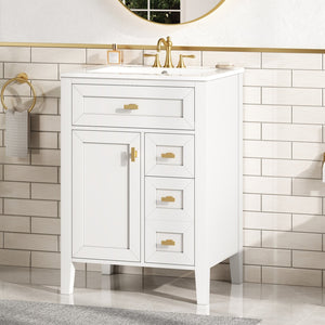 English Elm "24'' 24 Inch Glossy Freestanding Bathroom Vanity with Gold Hardware and Soft Close Storage White Rubberwood N725P448529K