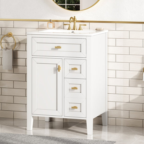 English Elm "24'' 24 Inch Glossy Freestanding Bathroom Vanity with Gold Hardware and Soft Close Storage White Rubberwood N725P448529K