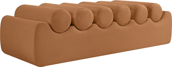 Meridian Furniture Rumble Vegan Leather Upholstered Bench with Bolster Pillows for Bedroom or Entryway Cognac 56 inches 22086Cognac