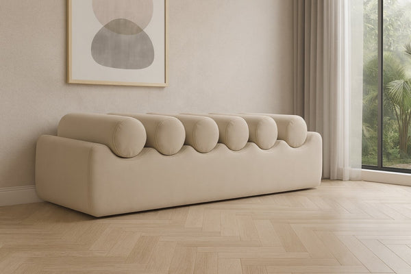 Meridian Furniture Rumble Vegan Leather Upholstered Bench with Bolster Pillows for Bedroom or Entryway Cream 56 inches 22086Cream