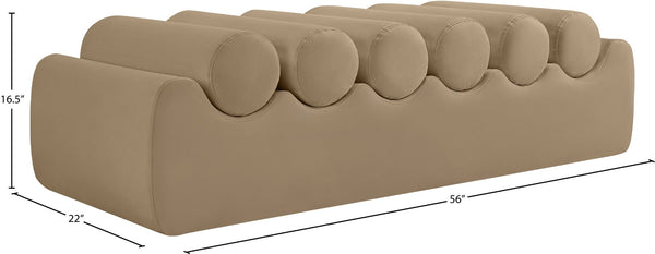 Meridian Furniture Rumble Vegan Leather Upholstered Bench with Bolster Pillows for Bedroom or Entryway Tan 56 inches 22086Tan
