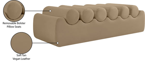 Meridian Furniture Rumble Vegan Leather Upholstered Bench with Bolster Pillows for Bedroom or Entryway Tan 56 inches 22086Tan