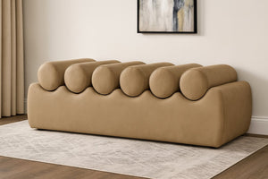 Meridian Furniture Rumble Vegan Leather Upholstered Bench with Bolster Pillows for Bedroom or Entryway Tan 56 inches 22086Tan
