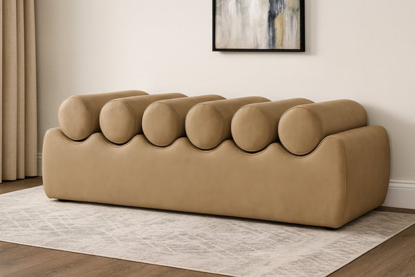 Meridian Furniture Rumble Vegan Leather Upholstered Bench with Bolster Pillows for Bedroom or Entryway Tan 56 inches 22086Tan
