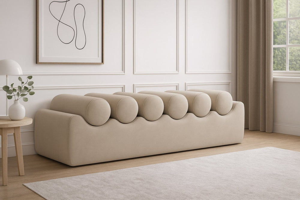 Meridian Furniture Rumble Vegan Leather Upholstered Bench with Bolster Pillows for Bedroom or Entryway Taupe 56 inches 22086Taupe