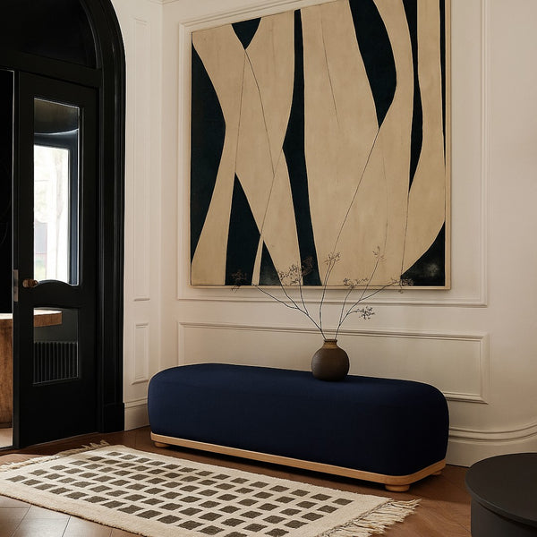 Meridian Furniture Calum Mid-century Chenille Upholstered Bench with Tapered Wood Legs for Bedroom Entryway Navy Style 1 22087Navy
