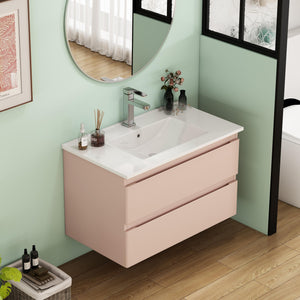 English Elm 32-Inch Modern Wall-Mounted Bathroom Vanity With Ceramic Sink, Soft-Close Drawers, Stylish Pink Finish W3151S00045