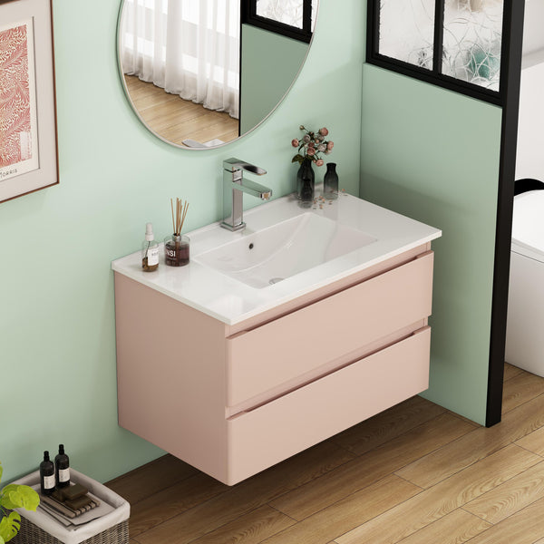 English Elm 32-Inch Modern Wall-Mounted Bathroom Vanity With Ceramic Sink, Soft-Close Drawers, Stylish Pink Finish W3151S00045