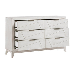 English Elm Antique Asteria Six-Drawer Dresser with Oak Veneer, Black Metal Bar Handles and Modern Geometric Flair Antique White 65 L x 21.5 W x 39.25 H B011P286904