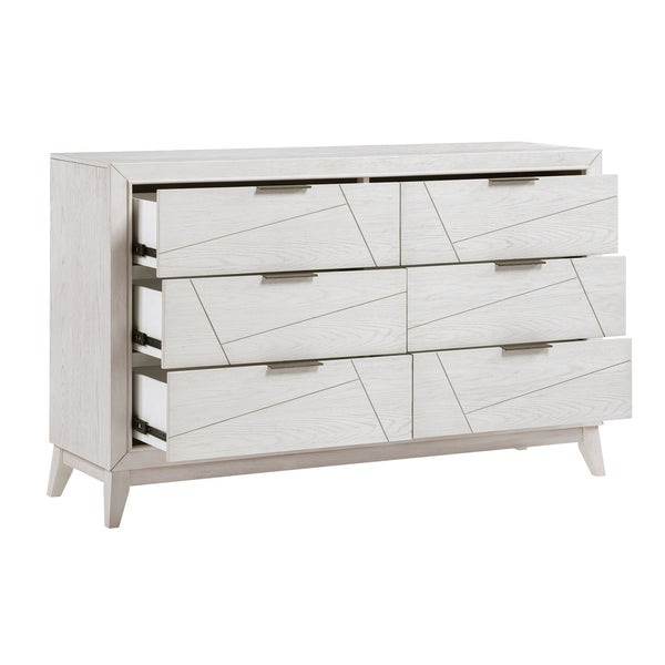 English Elm Antique Asteria Six-Drawer Dresser with Oak Veneer, Black Metal Bar Handles and Modern Geometric Flair Antique White 65 L x 21.5 W x 39.25 H B011P286904
