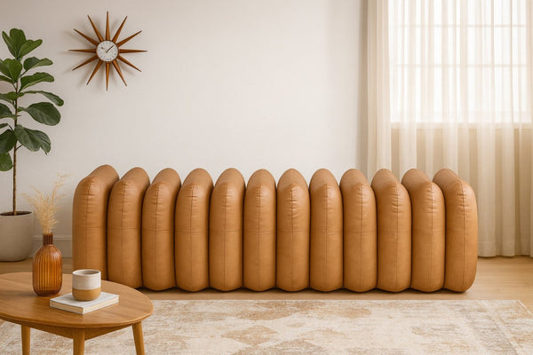 Meridian Furniture Atticus Art Deco Vegan Leather Upholstered Bench with Segmented Panel Design for Bedroom Entryway Cognac 22091Cognac
