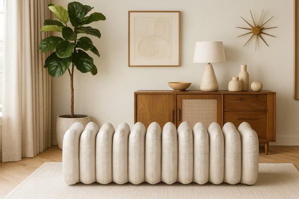 Meridian Furniture Atticus Art Deco Vegan Leather Upholstered Bench with Segmented Panel Design for Bedroom Entryway Cream 22091Cream