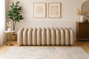 Meridian Furniture Atticus Art Deco Vegan Leather Upholstered Bench with Segmented Panel Design for Bedroom Entryway Taupe 22091Taupe
