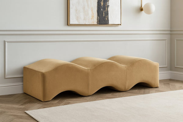 Meridian Furniture Wave Sculptural Curved Velvet Upholstered Bench for Bedroom Entryway or Living Room Accent Beige 22092Beige