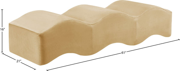 Meridian Furniture Wave Sculptural Curved Velvet Upholstered Bench for Bedroom Entryway or Living Room Accent Camel 22092Camel