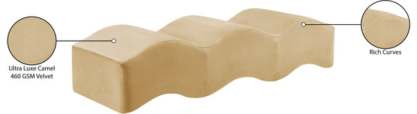 Meridian Furniture Wave Sculptural Curved Velvet Upholstered Bench for Bedroom Entryway or Living Room Accent Camel 22092Camel