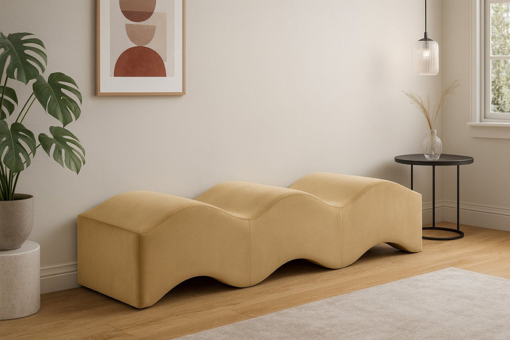 Meridian Furniture Wave Sculptural Curved Velvet Upholstered Bench for Bedroom Entryway or Living Room Accent Camel 22092Camel