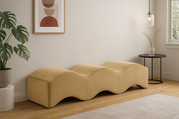 Meridian Furniture Wave Sculptural Curved Velvet Upholstered Bench for Bedroom Entryway or Living Room Accent Camel 22092Camel