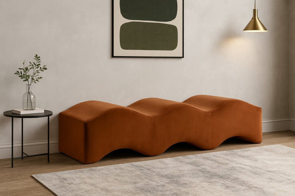 Meridian Furniture Wave Sculptural Curved Velvet Upholstered Bench for Bedroom Entryway or Living Room Accent Cognac 22092Cognac