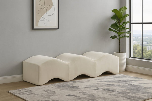 Meridian Furniture Wave Sculptural Curved Velvet Upholstered Bench for Bedroom Entryway or Living Room Accent Cream 22092Cream