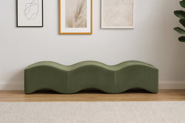 Meridian Furniture Wave Sculptural Curved Velvet Upholstered Bench for Bedroom Entryway or Living Room Accent Green 22092Green