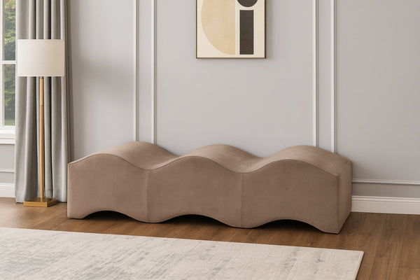 Meridian Furniture Wave Sculptural Curved Velvet Upholstered Bench for Bedroom Entryway or Living Room Accent Taupe 22092Taupe