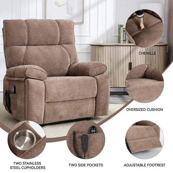 English Elm Beige Chenille Power Lift Recliner Dual Motor Massage Heat 350 Lb Capacity Brown W1803P264024