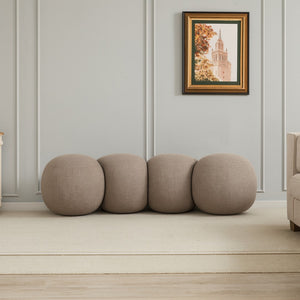 Meridian Furniture Apollo Boucle Upholstered Bench with Art Deco Circular Detailing for Bedroom or Living Room 22093Taupe