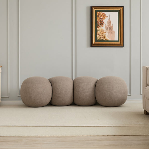 Meridian Furniture Apollo Boucle Upholstered Bench with Art Deco Circular Detailing for Bedroom or Living Room 22093Taupe