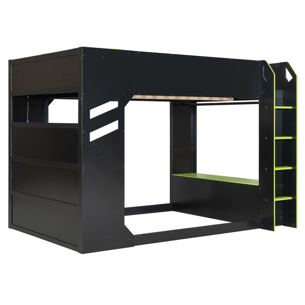 English Elm Full Size Loft Bed with Rgb Lighting Desk Drawers Hanging Rod Teen Bedroom Green LT000288AAF-1