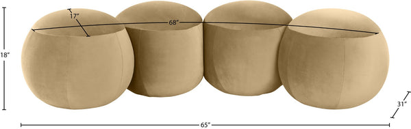Meridian Furniture Apollo Art Deco Velvet Upholstered Bench with Sculpted Circular Seat for Bedroom Entryway 22094Camel
