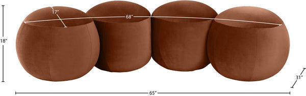 Meridian Furniture Apollo Art Deco Cognac Velvet Upholstered Bench with Sculptural Circular Cushion Detail 22094Cognac