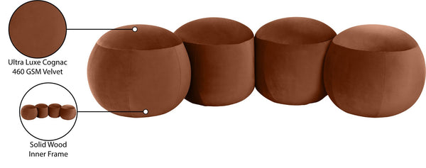Meridian Furniture Apollo Art Deco Cognac Velvet Upholstered Bench with Sculptural Circular Cushion Detail 22094Cognac